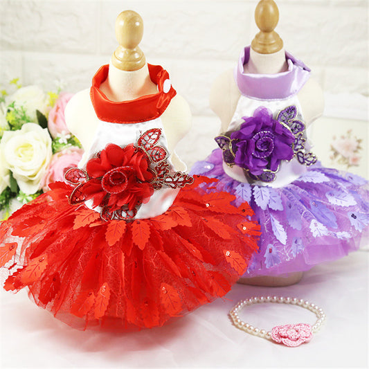 Shiny Red Dog Wedding Dress with Purple Leaf Design